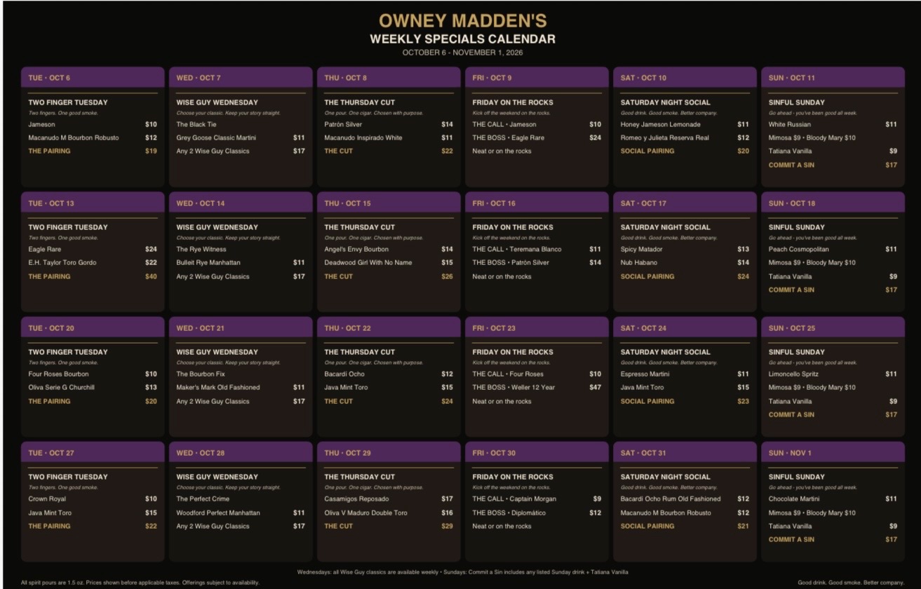 Owney Madden's weekly specials calendar for October 6 through November 1, 2026