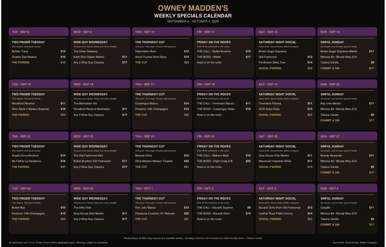 Owney Madden's weekly specials calendar for September 8 through October 4, 2026